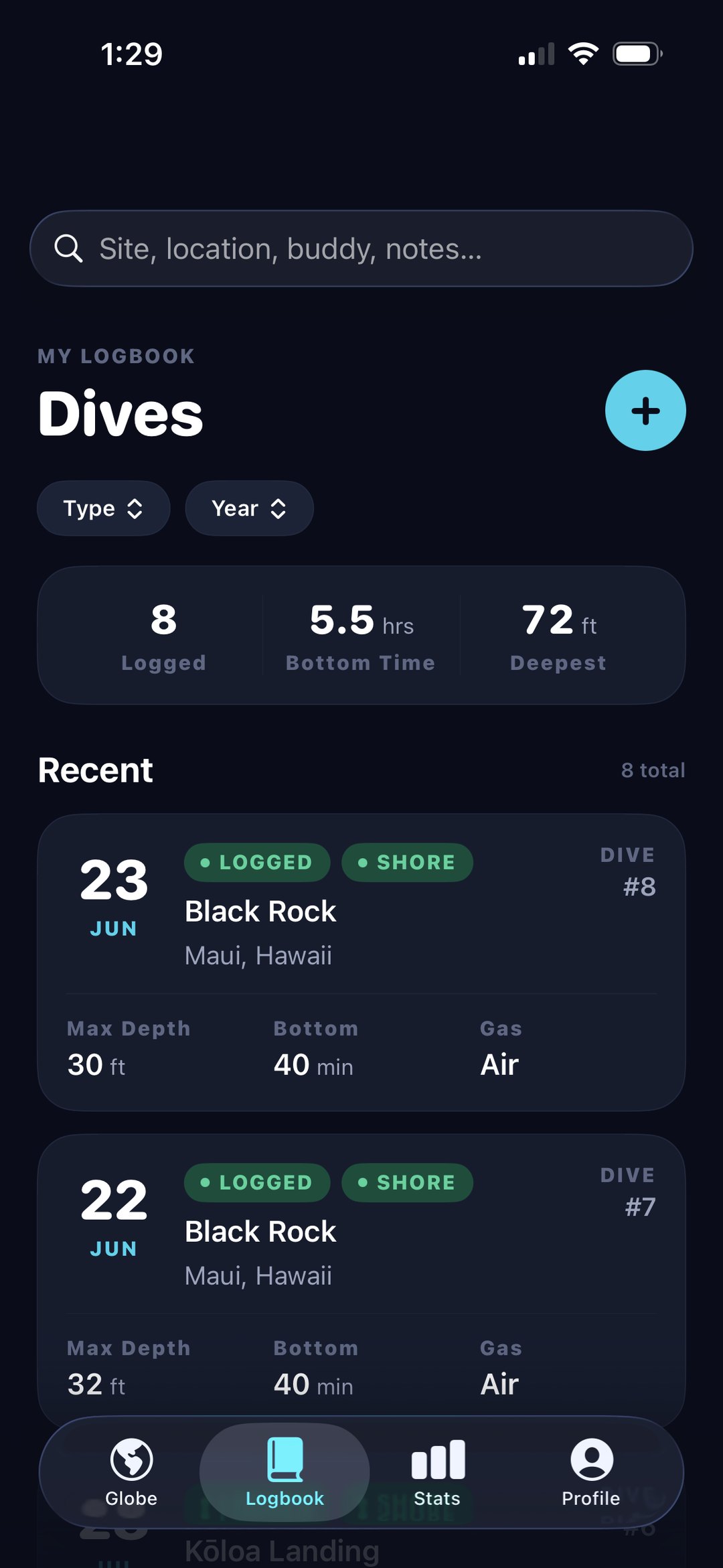 The Dyvo logbook on an iPhone: a search field, lifetime totals for dives logged, bottom time and deepest dive, and recent dive cards showing max depth, bottom time and gas